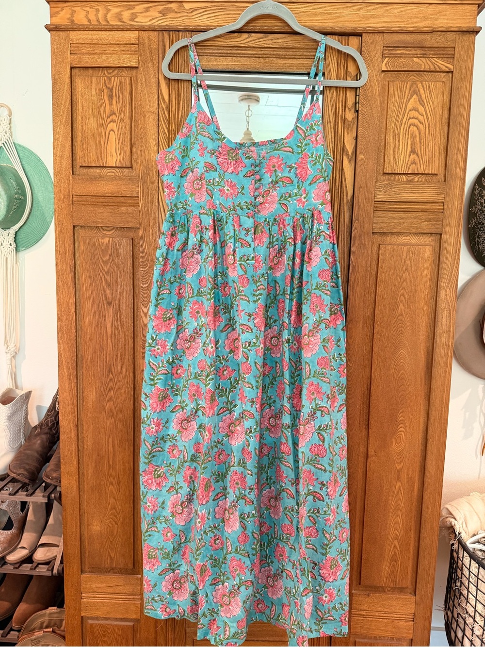 Women’s Floral Maxi Dress in Aqua and Pink